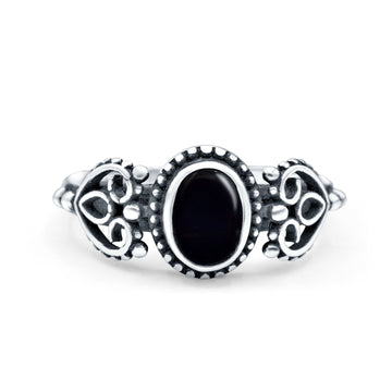 Petite Dainty Oval Solitaire Promise Ring Band Simulated Black Onyx Oxidized Braided 925 Sterling Silver
